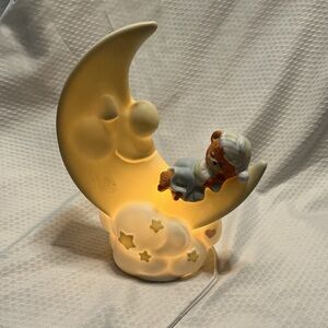 Vintage Teddy Beddy  Bear Cream Moon Night Light Lantern with Bear Figurine